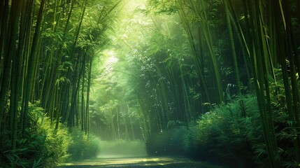 Obraz premium Serene bamboo forest path with sunlight filtering through the lush green foliage, creating a tranquil and peaceful atmosphere.