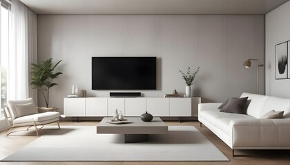 High end modern living room with white leather couch and a large flat screen tv mounted on the wall, brutalist architecture mixed with modern futuristic minimal design