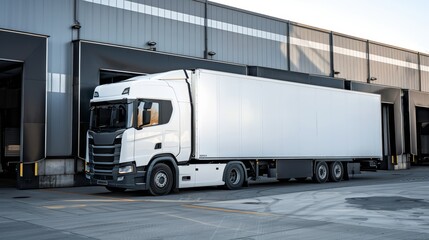 White truck parked at industrial logistics building during beautiful evening sunset