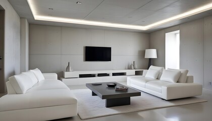 Fototapeta premium High end modern living room with white leather couch and a large flat screen tv mounted on the wall, brutalist architecture mixed with modern futuristic minimal design