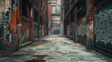 Fototapeta premium Dark vintage urban alley back yard with graffiti