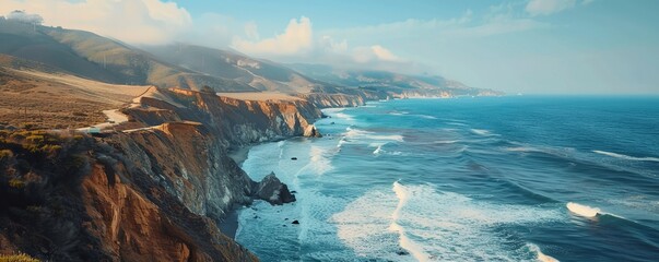 Scenic coastal drive with cliffs and crashing waves, summer road trip, 4K hyperrealistic photo.