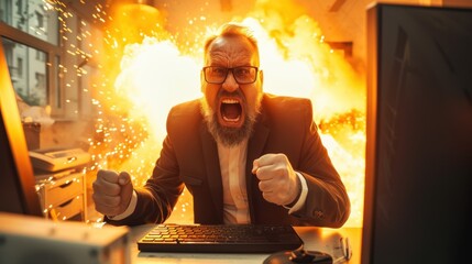Angry crazy bad tempered young office manager or business man feeling pissed off loses control and yells with a flames of fire on background
