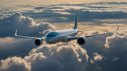 Airplane soaring through cloudy sky.