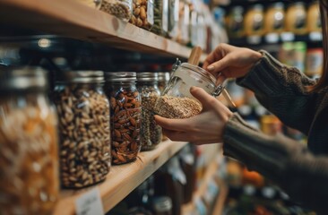 Close-up of woman's hand putting down jar with grain in ecofriendly store