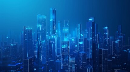 Modern Cityscape with Skyscrapers and Glass Buildings in Blue Shades Symbolizing Innovation and Technology. Representation of Digital Transformation in Real Estate
