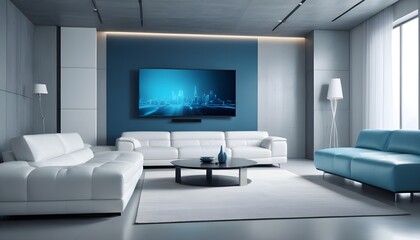 High end modern living room with white leather couch and a large flat screen tv mounted on the wall, brutalist architecture mixed with modern futuristic minimal design