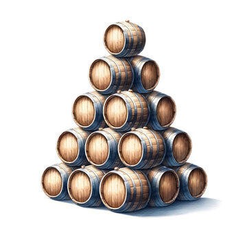 recommend clip art: An illustration for Beer day, Beer mugs clipart, rendered in watercolor style, Beer barrel stack clipart with barrels arranged in a pyramid. 