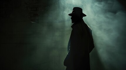 Mysterious silhouette of a detective's shadow lurking in the darkness, evoking intrigue