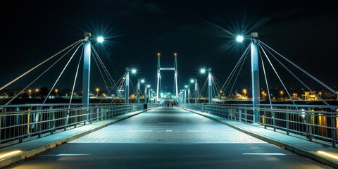Fototapeta premium Illuminated bridge at night, capturing pedestrians and vehicles crossing over. City skyline, bustling, nightlights, Christmas, relieve stress, vacation, moon, mid-autumn festival, mist, mystical, holi