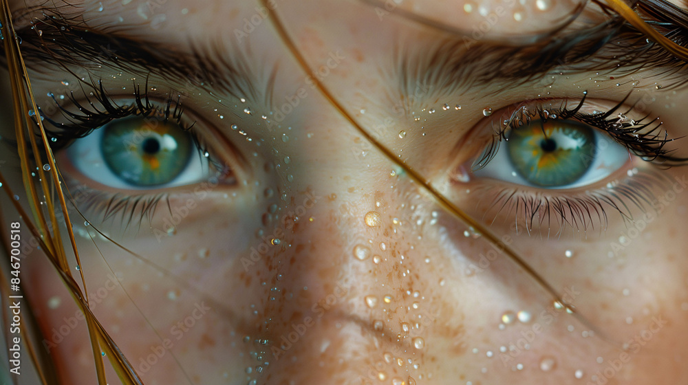 Wall mural Close-up of eyes with water droplets and wet hair