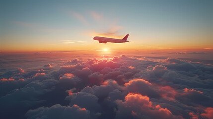 Airplane in the sky at sunrise or sunset