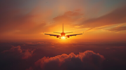 Airplane in the sky at sunrise or sunset