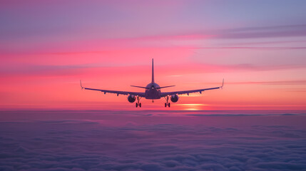 Fototapeta na wymiar Sunset view of airplane on airport runway under dramatic sky