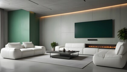 High end modern living room with white leather couch and a large flat screen tv mounted on the wall, brutalist architecture mixed with modern futuristic minimal design