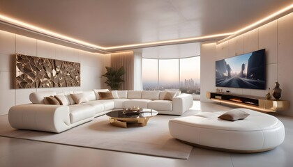 High end modern living room with white leather couch and a large flat screen tv mounted on the wall, brutalist architecture mixed with modern futuristic minimal design