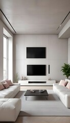 Fototapeta premium High end modern living room with white leather couch and a large flat screen tv mounted on the wall, brutalist architecture mixed with modern futuristic minimal design