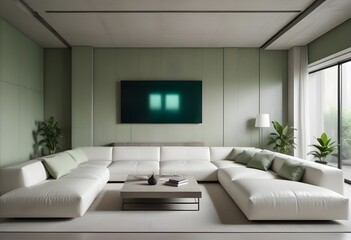High end modern living room with white leather couch and a large flat screen tv mounted on the wall, brutalist architecture mixed with modern futuristic minimal design