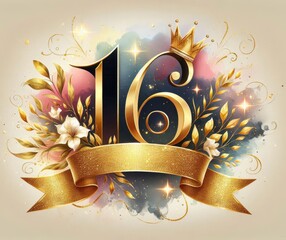 Elegant Sweet 16 Birthday Design with Gold Elements and Floral Accents