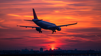 Fototapeta premium Sunset view of airplane on airport runway under dramatic sky