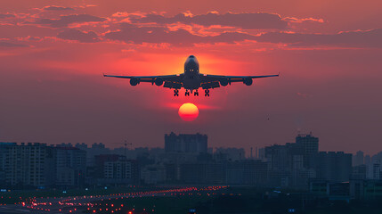 Sunset view of airplane on airport runway under dramatic sky