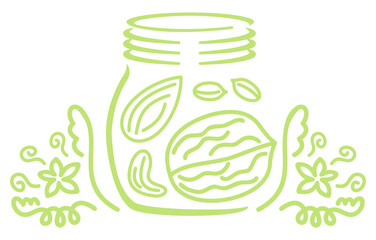 Jar with nuts and nut butter, walnut, almond, peanut and cashew. Food, nature, herb and organic food, illustration