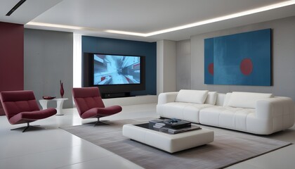 High end modern living room with white leather couch and a large flat screen tv mounted on the wall, brutalist architecture mixed with modern futuristic minimal design