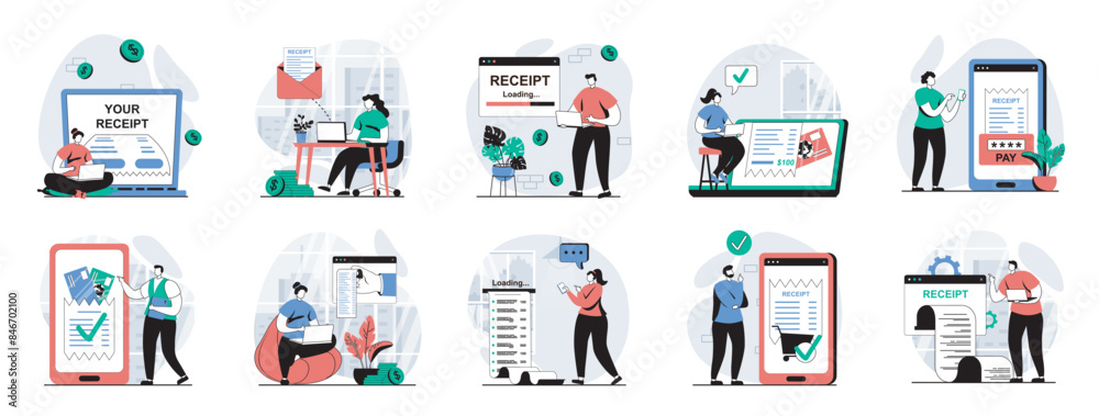 Aufkleber electronic receipt web concept with people scenes mega set in flat design. bundle of character situa