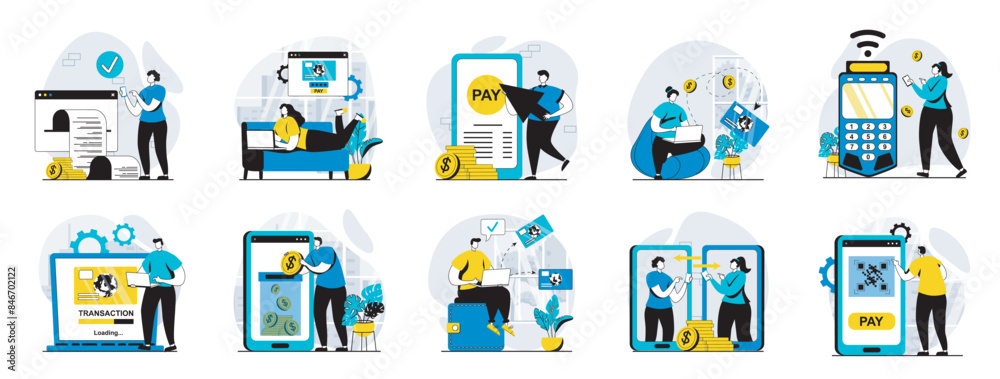 Fototapete e-payment web concept with people scenes mega set in flat design. bundle of character situations wit