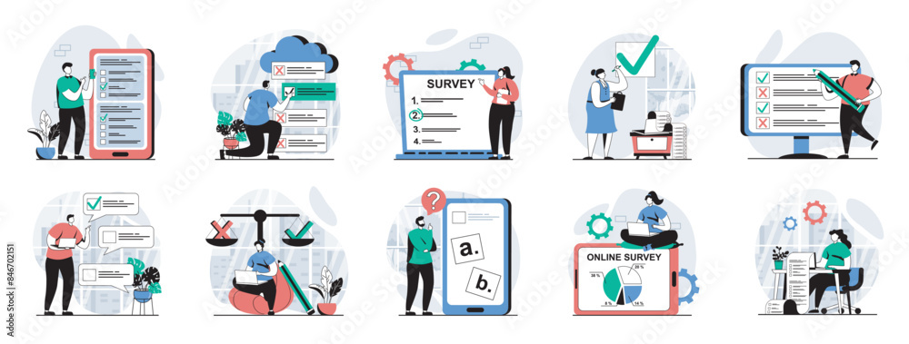 Fototapete online survey web concept with people scenes mega set in flat design. bundle of character situations