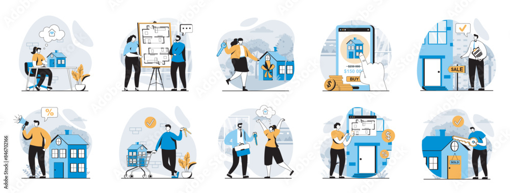 Poster Real estate web concept with people scenes mega set in flat design. Bundle of character situations with buying new house, mortgage loan, deal and receiving keys to home property. Vector illustrations.