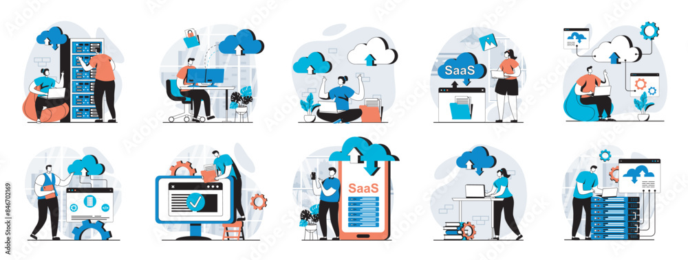 Leinwandbilder saas web concept with people scenes mega set in flat design. bundle of character situations with clo