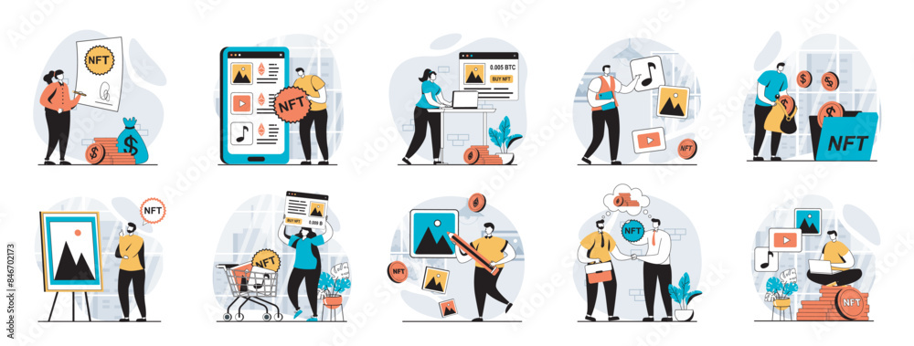 Leinwandbilder nft token web concept with people scenes mega set in flat design. bundle of character situations wit