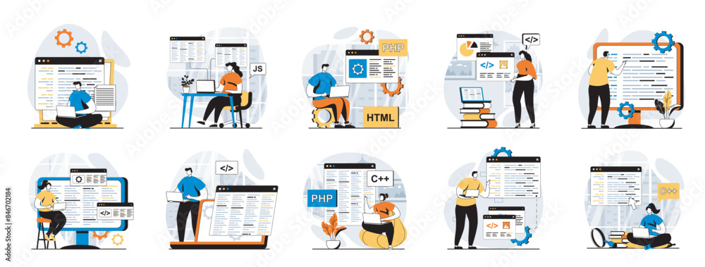 Aufkleber Software development web concept with people scenes mega set in flat design. Bundle of character situations with program and apps creating, engineering and optimization products. Vector illustrations.