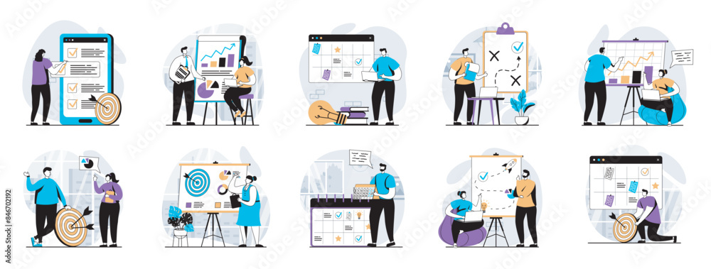 Aufkleber Strategic planning web concept with people scenes mega set in flat design. Bundle of character situations with generating ideas, analyze statistics, creating strategy and target. Vector illustrations.