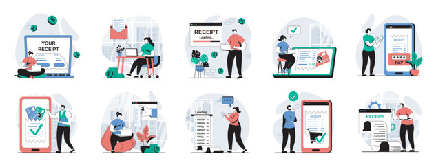 Electronic receipt web concept with people scenes mega set in flat design. Bundle of character situations with paying online check, client gets invoice, making bank transactions. Vector illustrations.