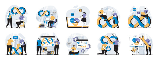 DevOps web concept with people scenes mega set in flat design. Bundle of character situations with agile cycle of development operation, team connection on programming products. Vector illustrations.