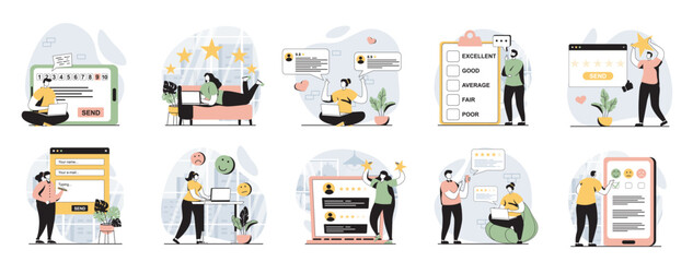 Feedback web concept with people scenes mega set in flat design. Bundle of character situations with leaving comments with review, customer satisfaction, best rating evaluation. Vector illustrations.