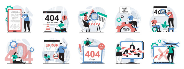 Page not found web concept with people scenes mega set in flat design. Bundle of character situations with 404 error on website, Internet disconnect, site connection maintenance. Vector illustrations.