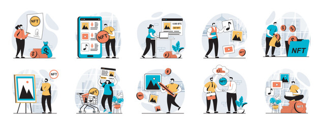 NFT token web concept with people scenes mega set in flat design. Bundle of character situations with digital art auction trading, buying virtual artwork at crypto marketplaces. Vector illustrations.