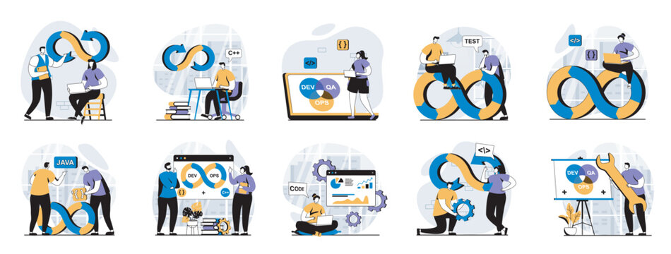 DevOps web concept with people scenes mega set in flat design. Bundle of character situations with agile cycle of development operation, team connection on programming products. Vector illustrations.