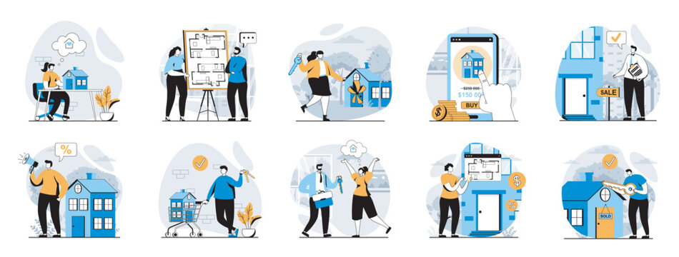 Real estate web concept with people scenes mega set in flat design. Bundle of character situations with buying new house, mortgage loan, deal and receiving keys to home property. Vector illustrations.