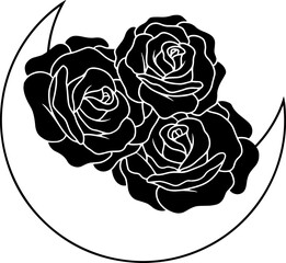 Moon with roses, line minimalistic boho art