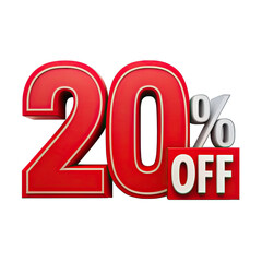 A 3D rendering of a red 20 percent off sale sign with a white OFF label, isolated on a white background. Generative AI