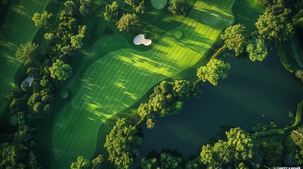 Aerial view of a beautifully designed golf course, showcasing its lush green layout.
