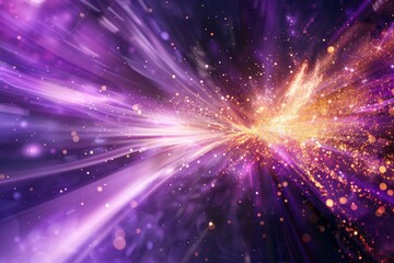 Fototapeta premium Magenta light burst on dark background with golden sparkles, abstract rays in magenta and purple