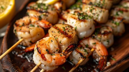 A seafood medley skewer with grilled shrimp, scallops, and chunks of fish, brushed with garlic butter.