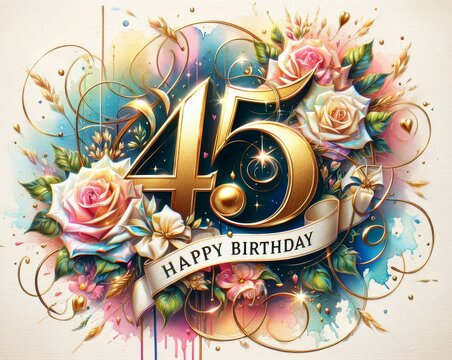 Elegant 45th birthday card with vibrant flowers, golden numbers, and colorful decorations.