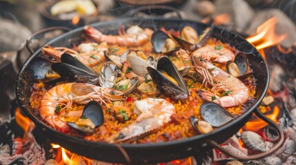 A seafood paella cooking over an open flame, filled with mussels, clams, prawns, and squid.