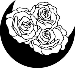 Moon with roses, line minimalistic boho art